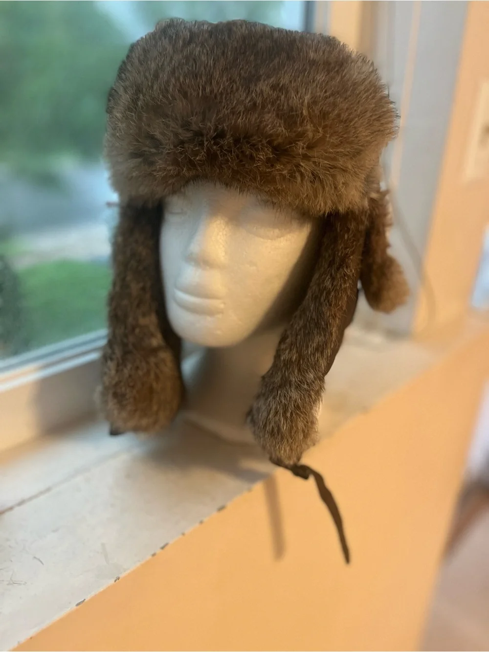 Aqua Brown rabbit Fur Trapper Hat with Earflaps
